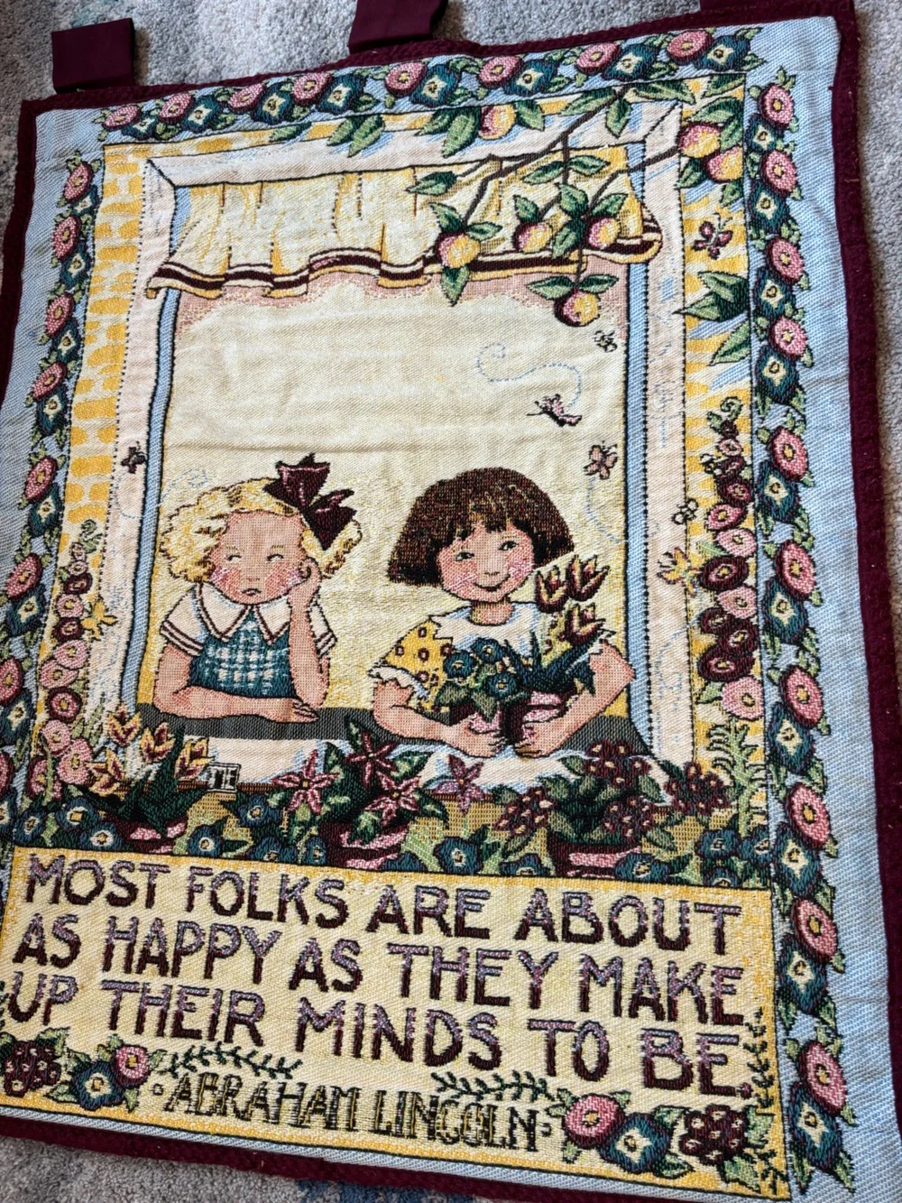 Mary Engelbreit vintage Wall Hanging Tapestry “Most folks are about as happy”